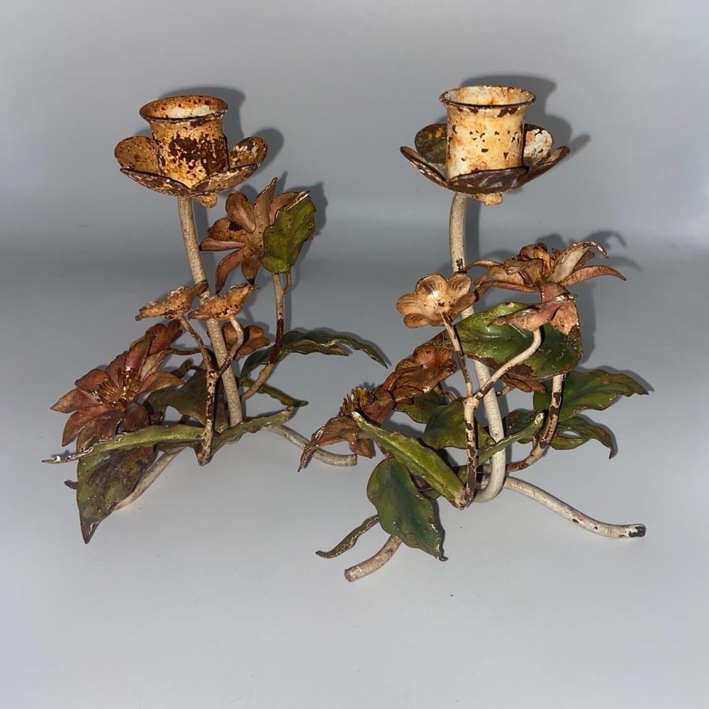Vintage Tole Patina Floral Candle Holders - Picture 2 of 9